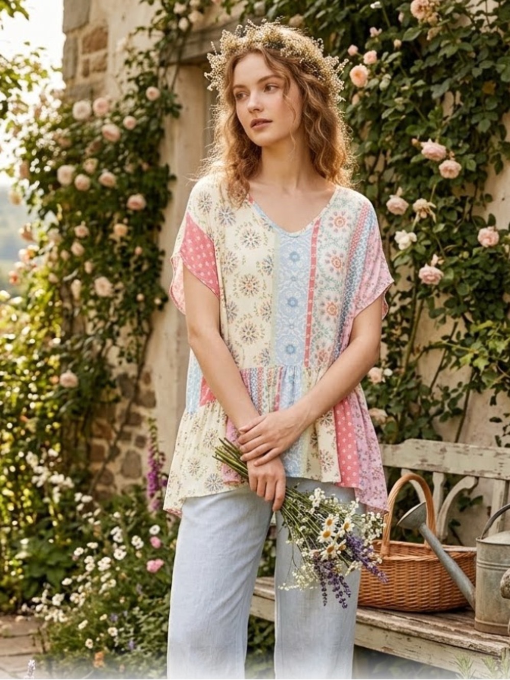 HAPTICS Floral Patchwork Babydoll Boho Top Size S Cottagecore Peasant
